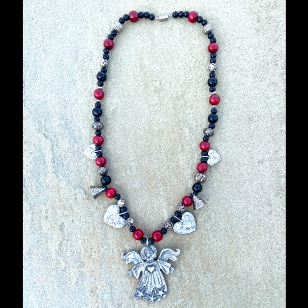 Black and Red Necklace with Pewter Angel